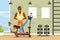 Brutal African American Man Sports Coach Giving Instruction and Training Woman in Gym Vector Illustration