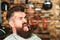 Brutal bearded man with new hairstyle showing tongue and winking. Stylish young man with mustache and beard at barber shop