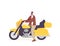 Brutal Biker Young Male Character Riding Custom Yellow Motorcycle, Man Sitting on Chopper, City Subculture, Street Racer