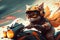 Brutal cool biker cat. Serious fluffy pet in helmet, goggles and raincoat riding fast on motorcycle.