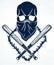 Brutal gangster emblem or logo with aggressive skull baseball bats design elements, vector anarchy crime or terrorism retro style