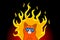 Brutal ginger, red cat in stylish glasses. Against the background of fire. Vector