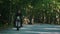 A brutal man motorcyclist in helmet riding a motorbike in the forest