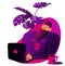 Brutal man in a new year sweater uses laptop. Daily life of freelance worker. Flat cartoon vector illustration