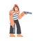 Brutal Man Pirate or Buccaneer Character in Striped Vest as Marine Robber with Pistol Aiming Vector Illustration