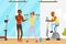 Brutal Man Sports Coach Giving Instruction and Training in Gym Vector Illustration