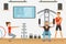 Brutal Man Sports Coach Giving Instruction and Training in Gym Vector Illustration