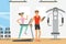 Brutal Man Sports Coach Giving Instruction and Training Woman in Gym Vector Illustration