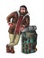 Brutal man traveler with backpack survival kit. Funny cartoon character design.