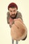 Brutal and rude. Brutal caucasian man shaking his fist with anger. Bearded man in brutal style. Brutal hipster with