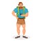 Brutal Young Bearded Hipster male in eyeglasses with a packsack travel and camera. Travelling with the knapsack. Vector