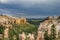 Bryce canyon with spectacular hoodoos and dark clouds