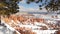 Bryce Canyon in winter, snow in Utah, USA. Hoodoos in amphitheater, eroded relief, panoramic vista point. Unique orange