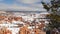 Bryce Canyon in winter, snow in Utah, USA. Hoodoos in amphitheater, eroded relief, panoramic vista point. Unique orange