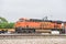 BSNF train on freight railroad track at Fort Worth, Texas