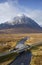 Buachaille Etive Mor aerial during autumn view of A82 road and bridge