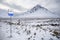 Buachaille Etive Mor mountain and road sign coin snow during winter