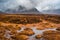 Buachaille Etive Mor mountain shrouded in clouds. Glencoe, Scotland