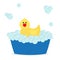 Bubble bath. Yellow rubber duck bird toy. Bathtub with soup bubbles. Cute cartoon baby character. Flat design. White background.