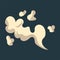 Bubble explode smoke poof and cloud blow effect. Wind with cartoon gray fog and boom dust vector illustration. Puff icon and air