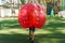Bubble football sport game. Football players play bumperball on the green field. Team building. Man in bubble balloon