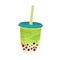 Bubble milk tea in cup. Asian pearl matcha drink with boba, tapioca balls. Fresh fruit bubbletea in glass with straw