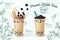 Bubble milk tea menu  ads with delicious tapioca and pearl pouring into glass cup 3d illustration.