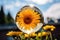 a bubble stuck on the top of a vibrant sunflower