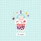 Bubble tea with cute tiny rabbit and strawberry on blue lattice background. Boba milkshake. Kawaii colorful vector