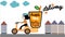 Bubble tea home delivery girl on scooter with big bubble tea mascot cartoon vector