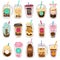 Bubble tea. Plastic cups with summer bubble asian tea, popular taiwanese pearl milk with balls, soft boba drinks with