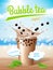 Bubble tea poster. Flowing milk delicious tapioca drinks with splashes promotional placard vector