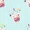 Bubble tea seamless pattern with cute tiny rabbit and strawberry on blue lattice background. Boba milkshake. Kawaii