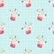 Bubble tea seamless pattern with cute tiny rabbit and strawberry on blue lattice background. Boba milkshake. Kawaii