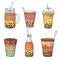 Bubble tea. Taiwan dessert cup. Fruit milk, smoothie or mocha drinks. Sketch delicious summer drinking, isolated mugs