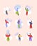 Bubbles active games. Funny water toys soap bubbles people playing attraction garish vector illustrations in flat style