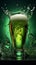 Bubbles and foam burst forth in refreshing green beer, splashing into glasses