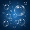 Bubbles in water on blue background. Vector water bubbles. Underwater fizzing air bubbles. Soap shiny bubbles texture