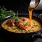 bubbling pot of creamy lobster bisque, garnished with chunks of succulent lobster meat and fresh herbs by AI generated