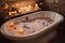 bubbly bath with floating candles and essential oils