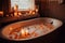 bubbly bath with floating candles and essential oils