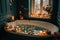 bubbly bath surrounded by candles and other calming scents