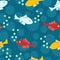 Bubbly Translucent Fish Vector Seamless Repeat Pattern In Blue, Gold, Red And Silver