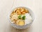 Bubur, Bubur Ayam, Indonesian rice porridge served with shredded chicken and egg.