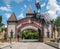 Bucharest/Romania - 03.06.2020:Entrance to Children`s world park in Bucharest. fantasy gate with guarded by a blue dragon