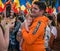 Bucharest/Romania - 09.19.2020: Father with his newborn child in his hands posing at the protest against wearing face masks in