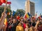 Bucharest/Romania - 09.19.2020: Many people with Romanian flags in their hand protesting in front of the Intercontinental Hotel