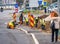 Bucharest/Romania - 11.17.2020: Group of workers with shovels digging a trench along the road in Bucharest