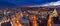 Bucharest skyline at blue hour, Dambovita river, aerial view