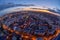 Bucharest skyline after sunset with aerial view